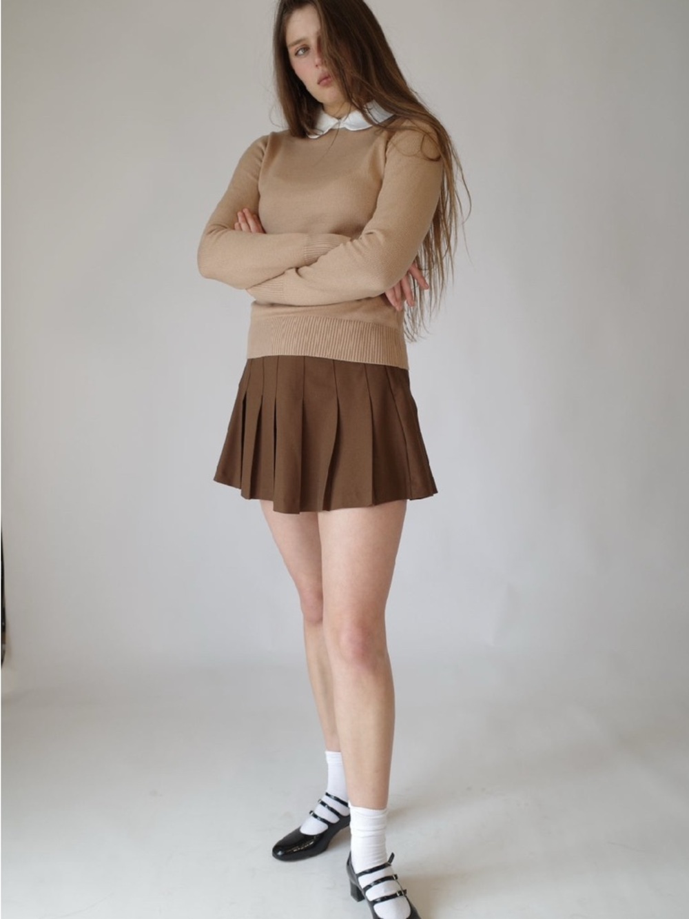 Pleated Mini Skirt in Rich Brown